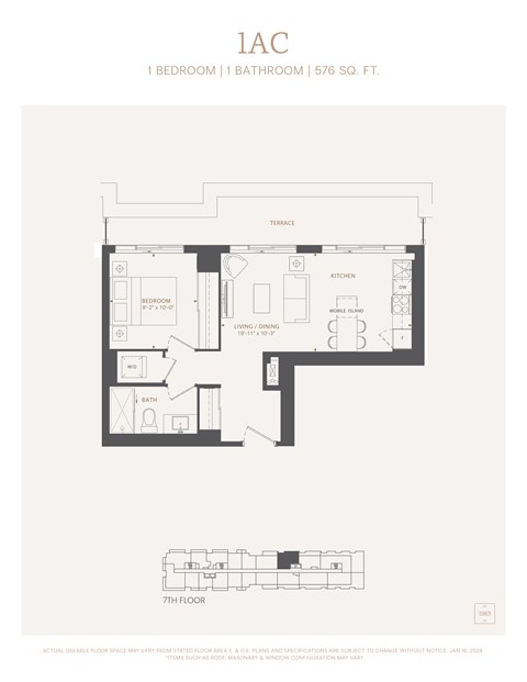 Floor plan for 1 bed, 1 bath, 576 sqft